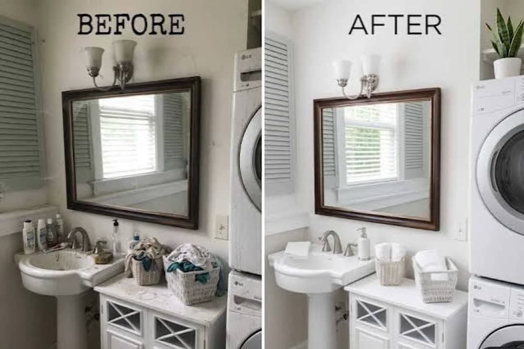 A cluttered bathroom and laundry area beside the same room cleaned and tidied