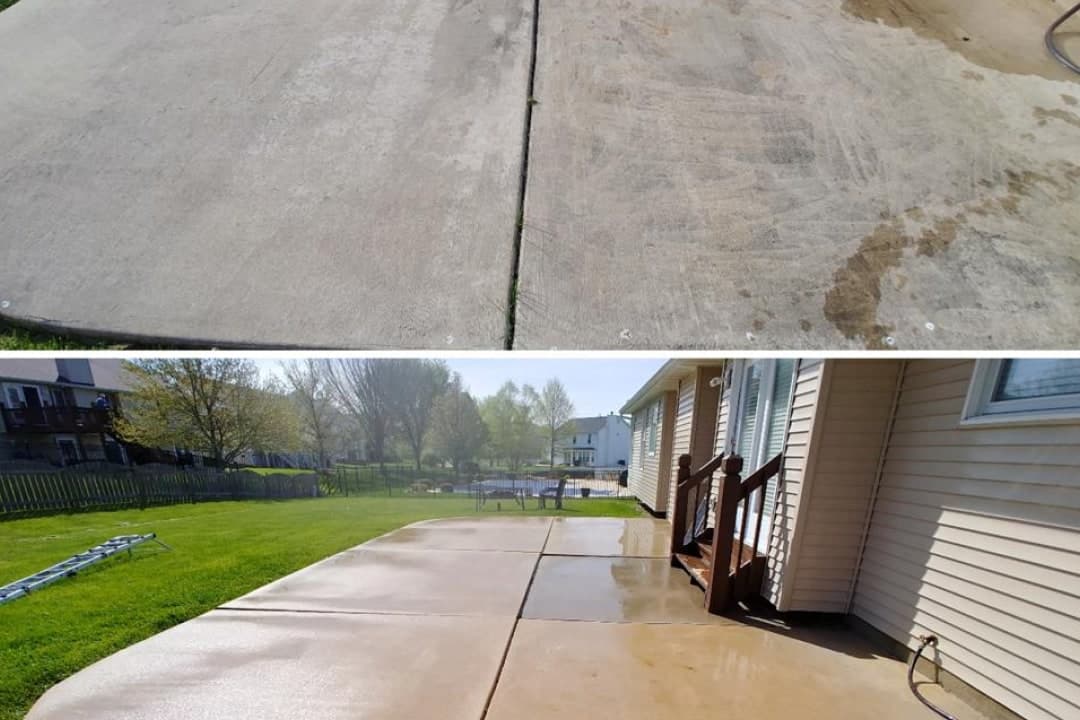 A stained concrete patio above the same patio after pressure washing