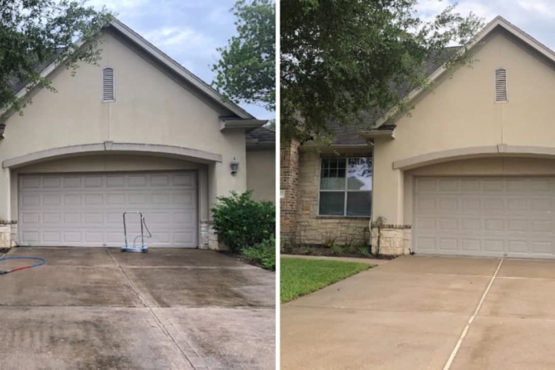 A stained concrete driveway and garage front beside the same driveway after washing