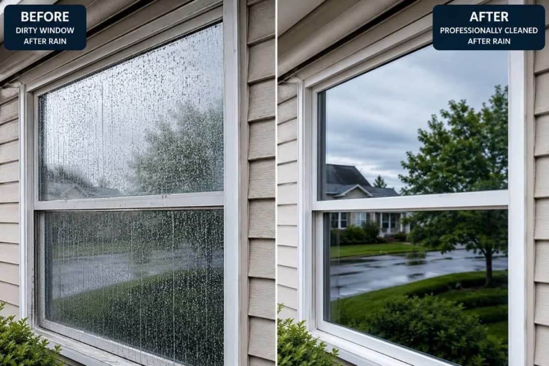 A window streaked with rain marks beside the same window cleaned and clear