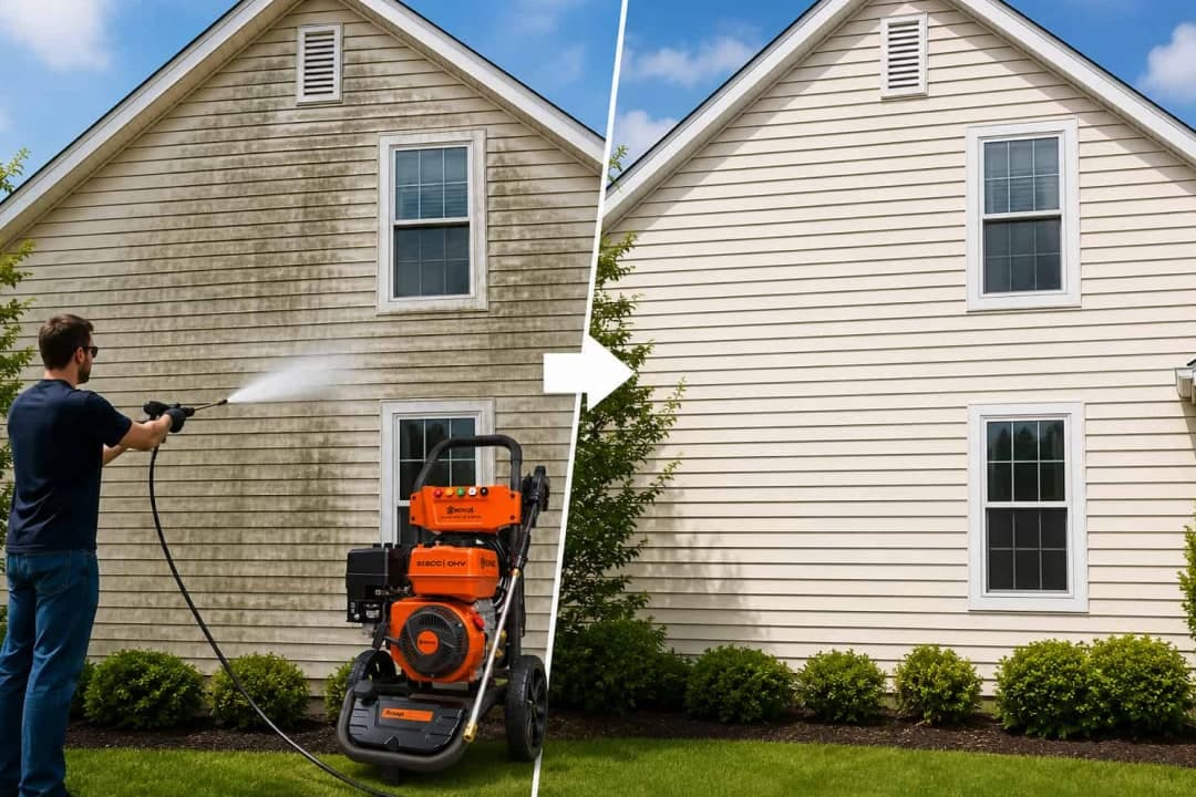 A worker pressure washing algae-streaked house siding, next to the finished clean siding