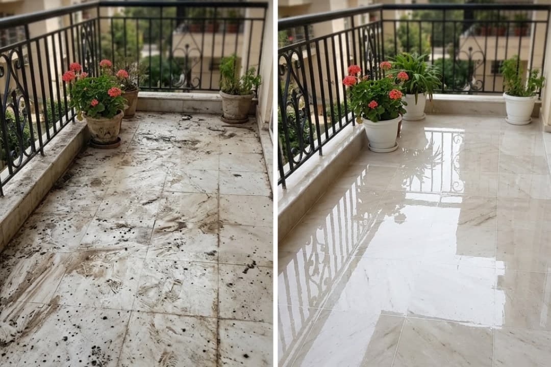 A balcony's marble tiles covered in mud beside the same tiles washed to a shine