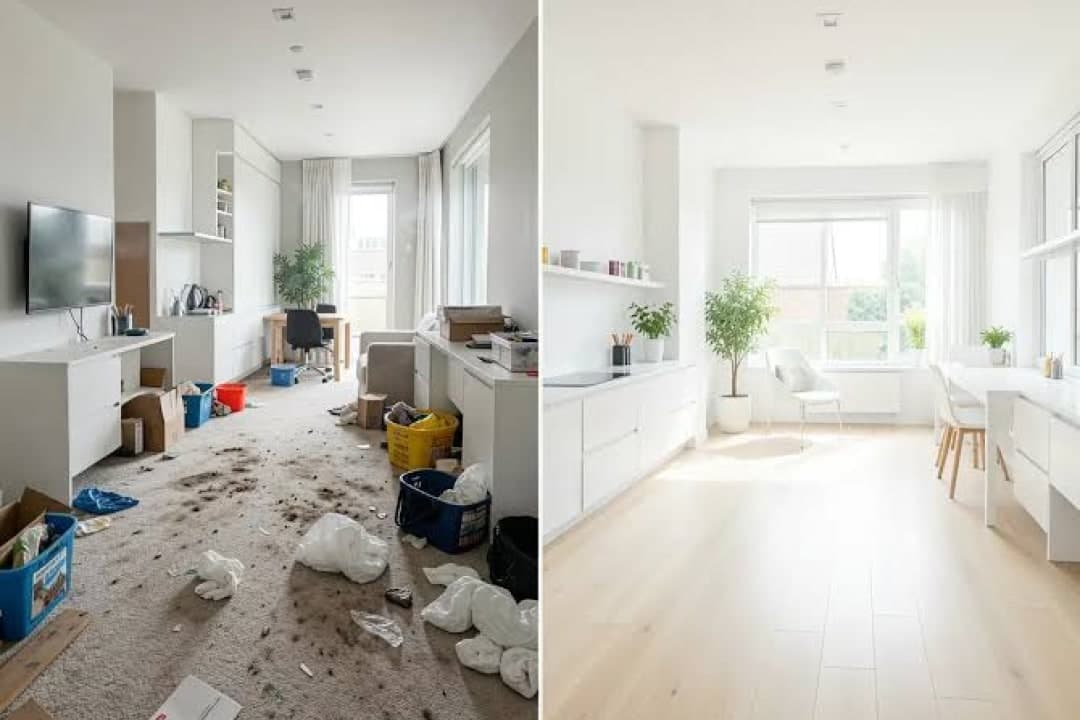 An apartment strewn with renovation debris beside the same room cleaned and cleared