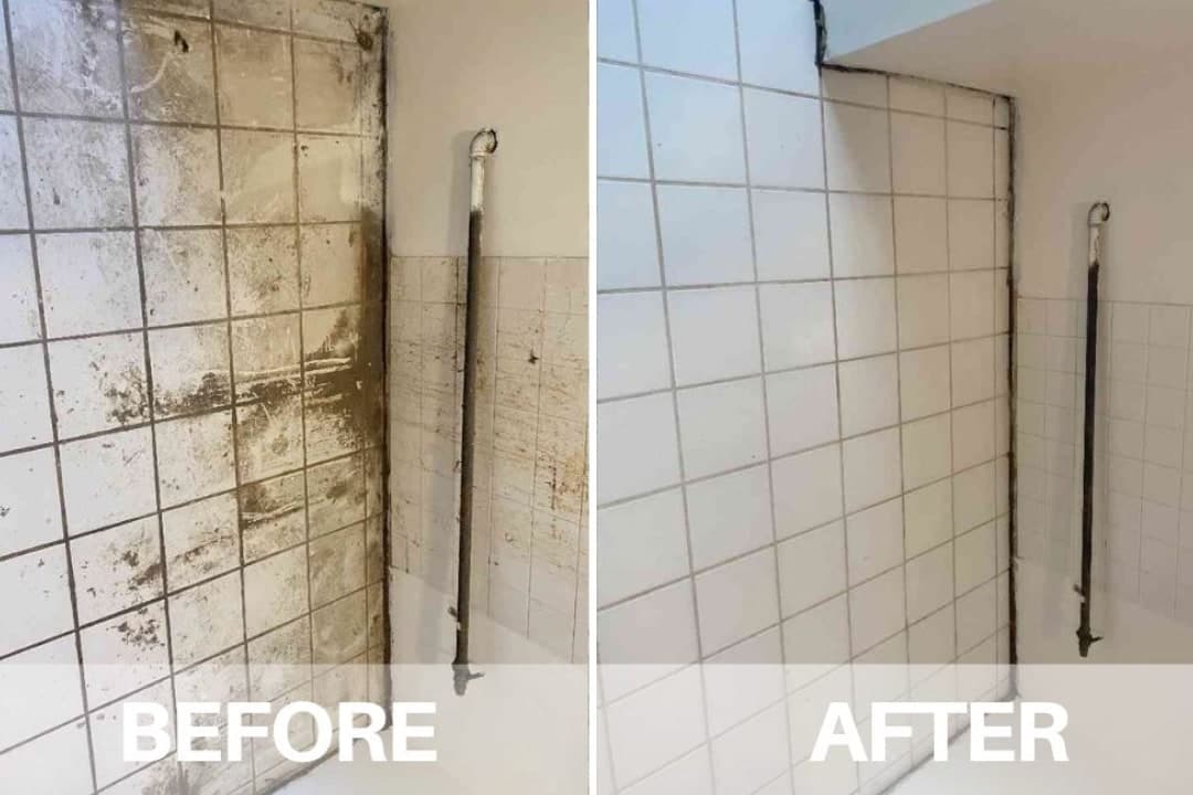 A grimy tiled wall beside the same wall scrubbed back to white
