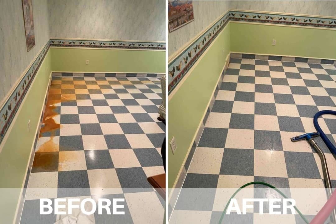 A checkerboard vinyl floor with spilled staining beside the same floor after extraction