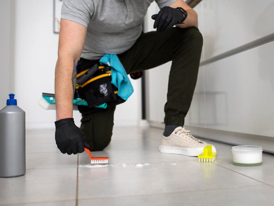 A cleaner scrubbing tile grout with a detail brush